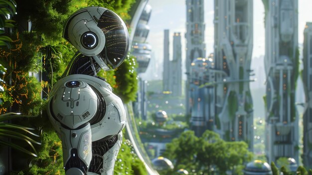 Foto ein roboter blickt auf eine grüne städtische skyline, die die harmonische integration widerspiegelt