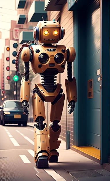 Ein Roboter, der auf der generativen KI des Straßenautohintergrunds geht