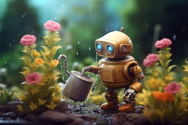 Ein Roboter, der Blumen in einem Garten gießt