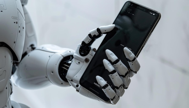 ein Roboter, der ein Telefon hält, auf dem auf dem Bildschirm steht: