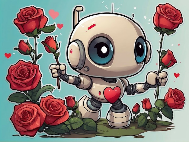 ein Roboter, der eine Rose in der Hand und ein Herz in der Hand hält