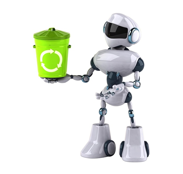 ein Roboter, der einen grünen Müllcontainer hat