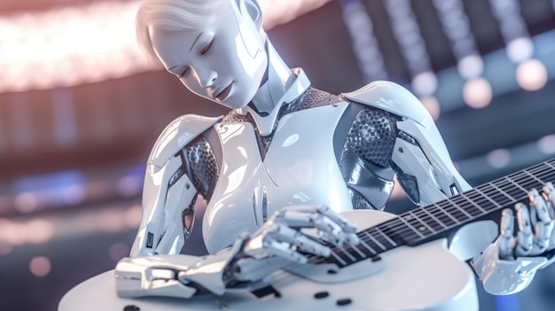 Ein Roboter, der Gitarre spielt, mit dem Wort „Roboter“ darauf