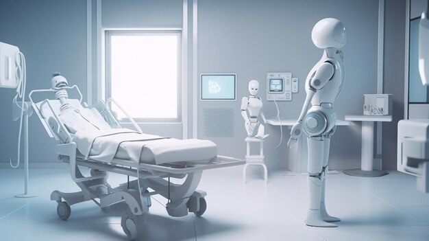 Ein Roboter, der in einem Krankenzimmer mit einem Krankenbett und einem Krankenbett steht.