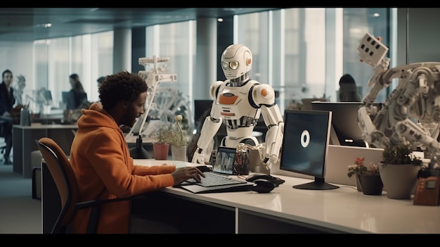 Ein Roboter, der in einem modernen Büro mit echten Menschen arbeitet. Generative KI