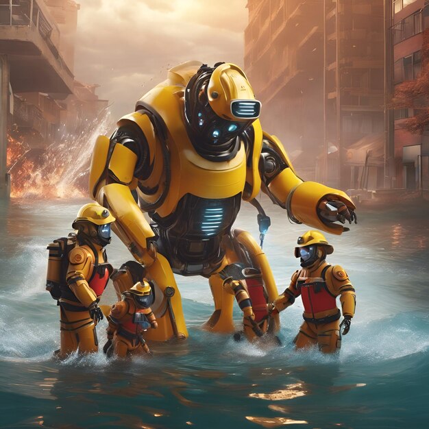 Ein Roboter-Feuerwehrmann rettet eine Familie aus einem sinkenden Schiff