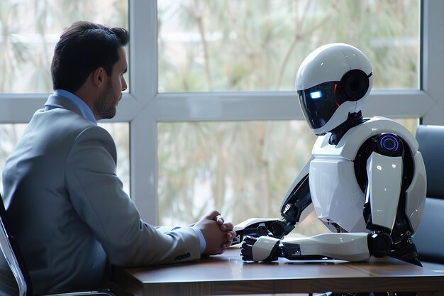 Foto ein roboter führt ein jobinterview mit einem menschen durch