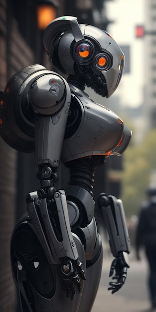 Ein Roboter hat einen schwarzen Arm und einen weißen Arm, auf dem „Roboter“ steht.