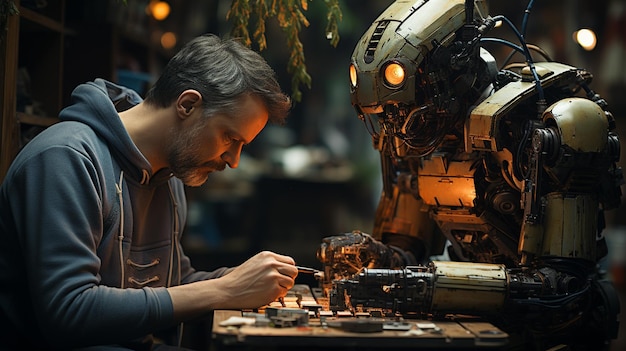Ein Roboter hilft einem Mann, Gegenstände in einer Werkstatt zu reparieren