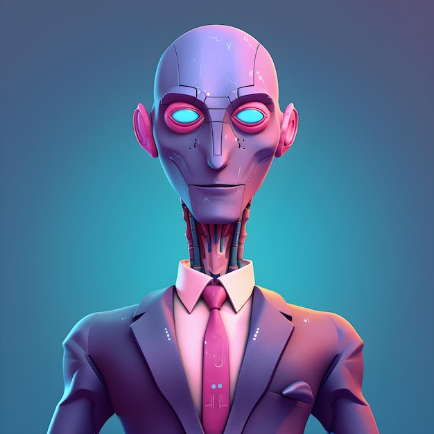 Ein Roboter im Anzug mit rosa Nase und blauen Augen.
