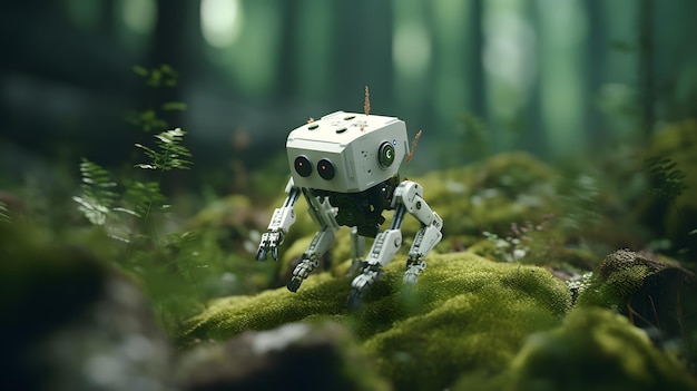 Ein Roboter im Wald mit grünen Pflanzen und Bäumen