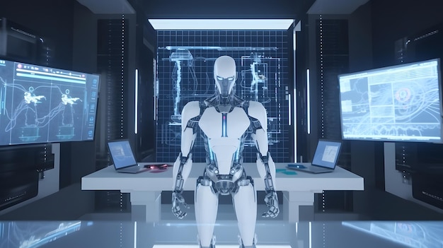 Ein Roboter in einem dunklen Raum mit einem Computerbildschirm, auf dem in der Mitte „Roboter“ steht