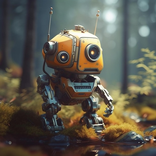 Ein Roboter in einem Wald mit einem Hintergrund aus Bäumen.