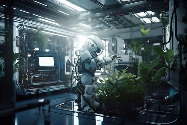 Ein Roboter in einer Raumstation mit Pflanzen auf dem Boden