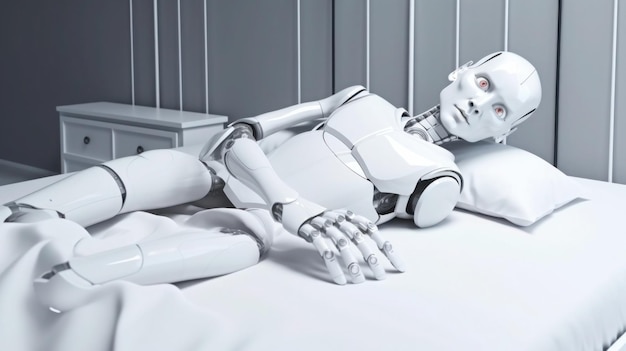 Ein Roboter liegt im Bett mit einem Mann, der auf dem Bett liegt.