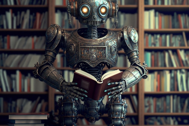 Ein Roboter liest ein Buch vor einem Bücherregal.
