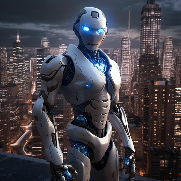 Ein Roboter mit blauen Augen steht vor einer Stadtlandschaft.