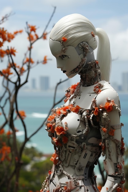 Foto ein roboter mit blumen auf seinem körper