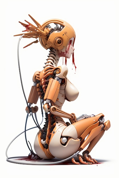 Ein Roboter mit blutigem Gesicht sitzt vor weißem Hintergrund.