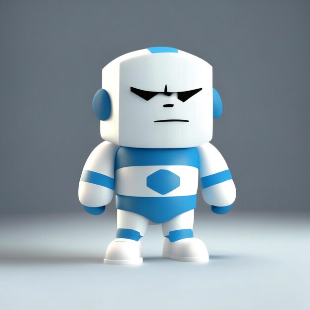 ein Roboter mit einem blau-weißen Körper und einem blau-weißen Hemd mit dem Wort „h“ darauf.