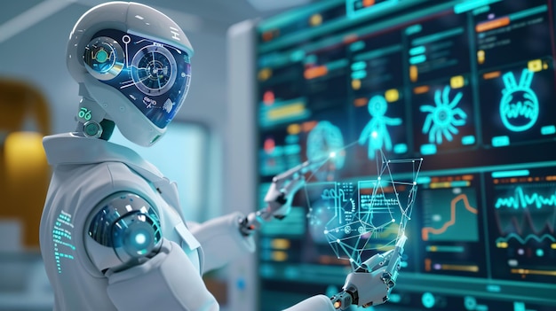 ein Roboter mit einem blauen Gesicht und einer Uhr auf der linken Hand