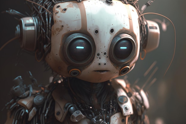 Ein Roboter mit einem großen Kopf und großen blauen Augen.