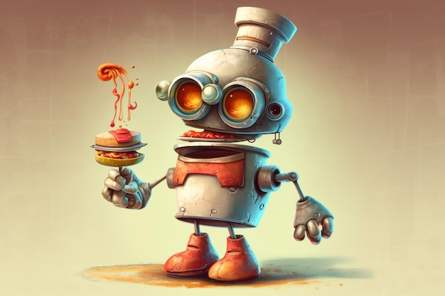 Ein Roboter mit einem Hamburger auf dem Kopf hält ein Stück Kuchen.