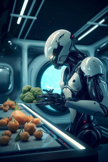 Ein Roboter mit einem Haufen Gemüse darauf
