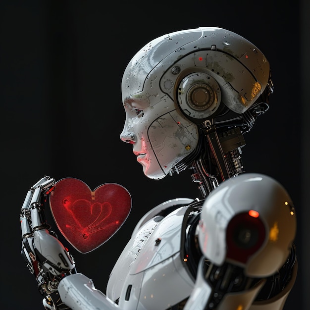 ein Roboter mit einem Herz, auf dem Liebe steht