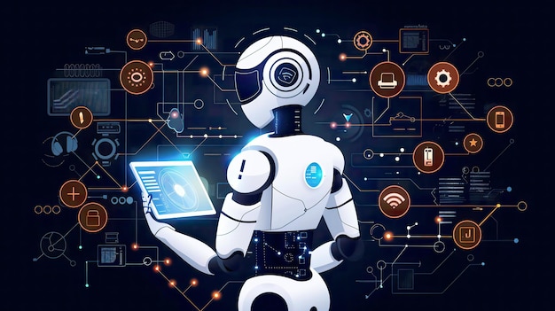 ein Roboter mit einem Laptop auf der Brust und den Worten Roboter auf dem Bildschirm