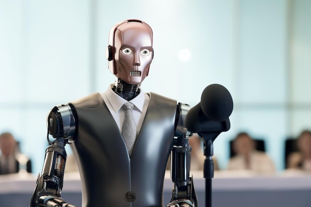 Foto ein roboter mit einem mikrofon und einem mikrofon vor ihm