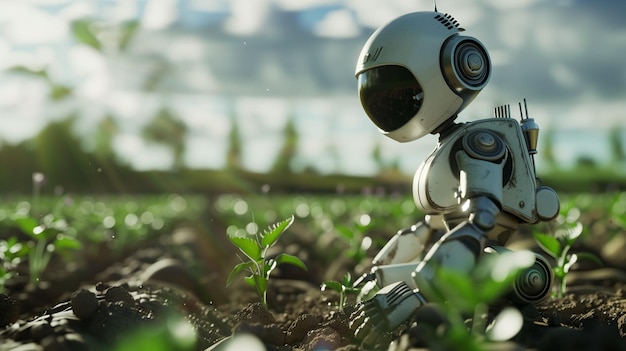 ein Roboter mit einem Robotergesicht und einer Pflanze im Hintergrund