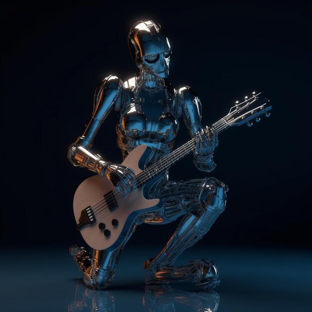 Ein Roboter mit einer Gitarre auf der Schulter spielt Gitarre.