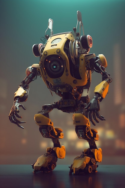 Ein Roboter mit gelbem Körper und schwarz-weißem Gesicht.