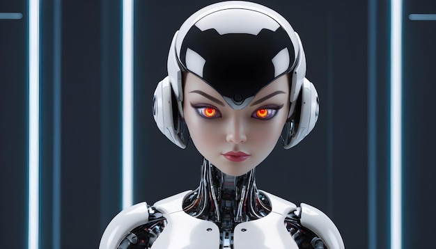 ein Roboter mit hellen Augen auf einem futuristischen Hintergrund