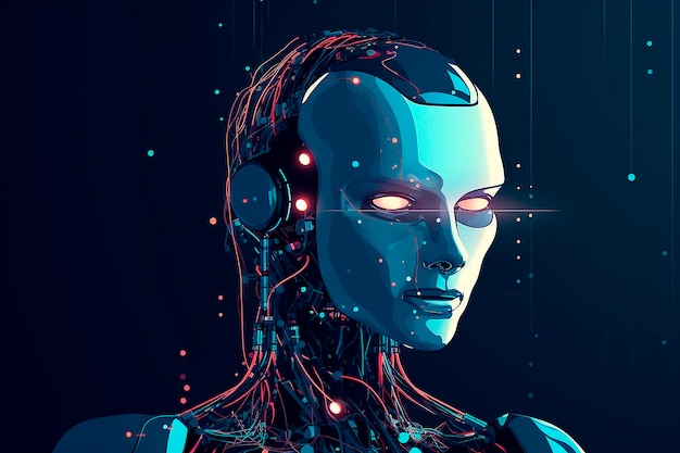 Ein Roboter mit leuchtenden Augen und blauem Hintergrund.