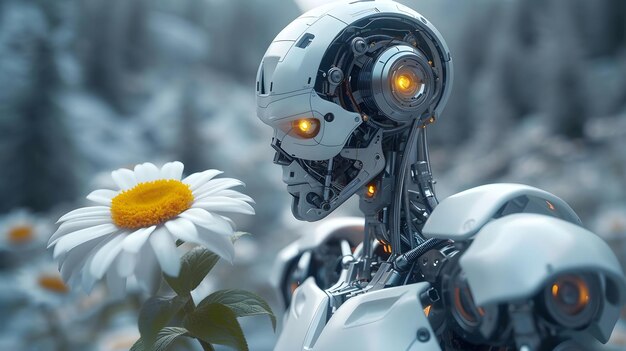 Ein Roboter mit menschlichem Gesicht schaut auf eine Blume