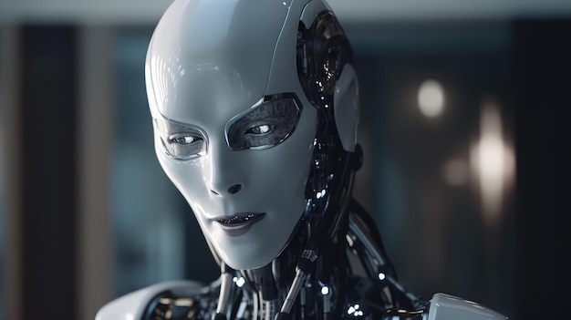 Ein Roboter mit menschlichem Gesicht und unscharfem Hintergrund
