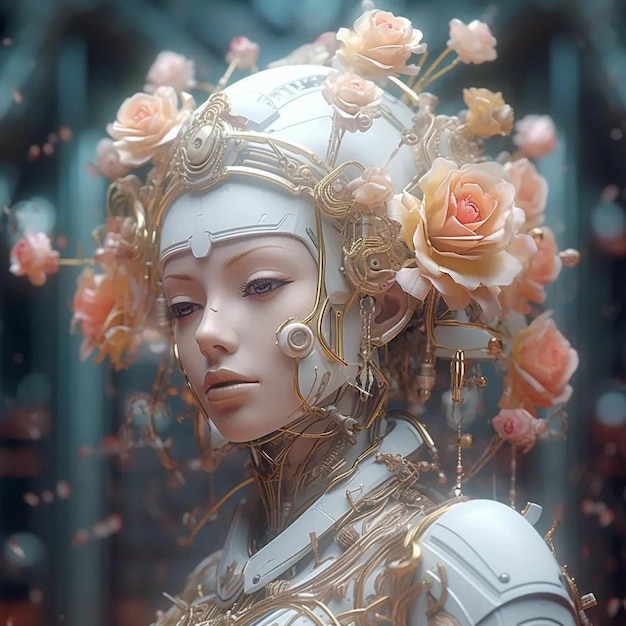 Ein Roboter mit Rosen auf dem Kopf