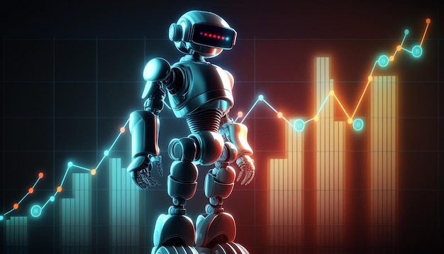 Ein Roboter mit rotem Kopf und Brille steht vor einer Grafik.