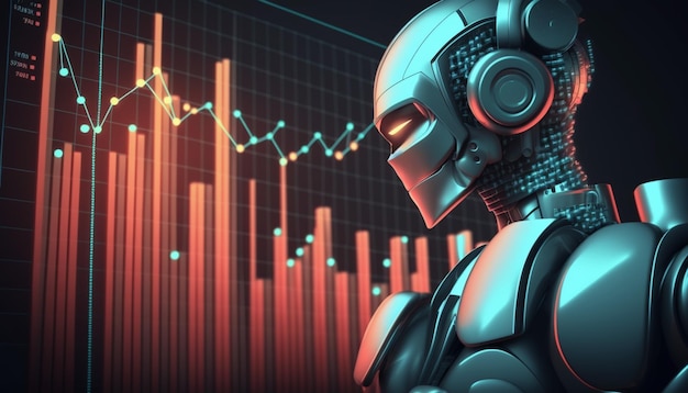 Ein Roboter mit rotem und blauem Hintergrund und einem Diagramm, das das Wachstum des Aktienmarktes zeigt.