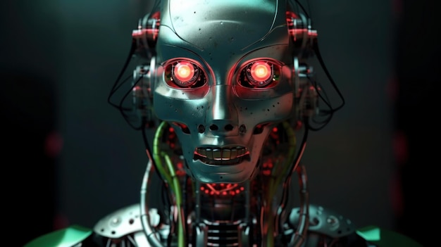 Ein Roboter mit roten Augen wird mit rot leuchtenden Augen gezeigt.