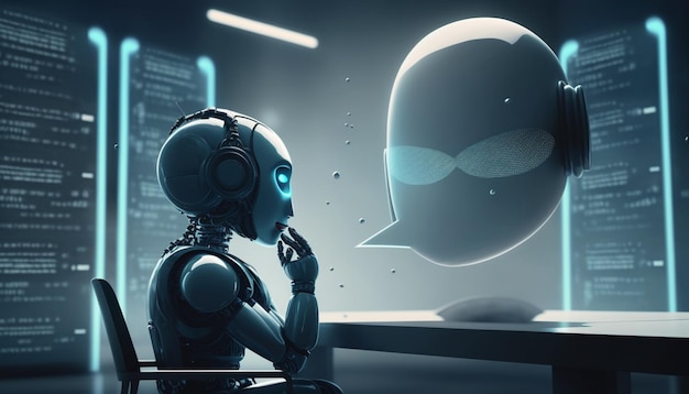 Ein Roboter schaut auf einen Bildschirm, auf dem „Roboter“ steht
