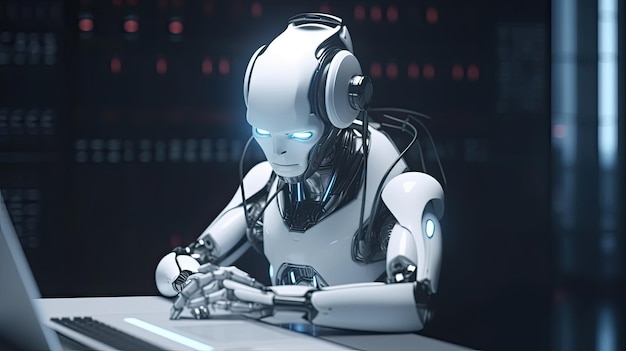 Ein Roboter sitzt an einem Tisch mit schwarzem Hintergrund und dem Wort Roboter darauf.