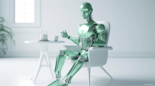 Ein Roboter sitzt auf einem Stuhl in einem weißen Raum.