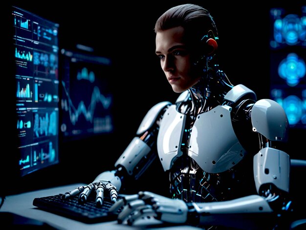 Foto ein roboter sitzt vor einem computermonitor mit den wörtern roboter darauf