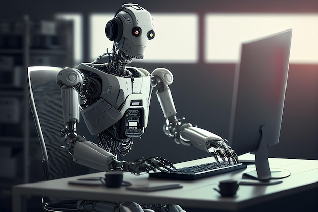 Ein Roboter sitzt vor einem Computermonitor.
