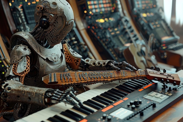 Ein Roboter spielt in einem Musikstudio geschickt eine Tastatur, ein Androide spielt ein uraltes menschliches Holzinstrument in einem Hightech-Musikstudio.