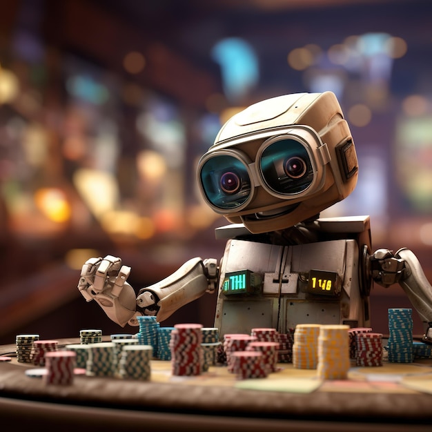 ein Roboter spielt Poker mit einem Stapel Chips