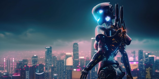 Ein Roboter steht auf einem Gebäude mit einer Stadt im Hintergrund, generatives KI-Bild